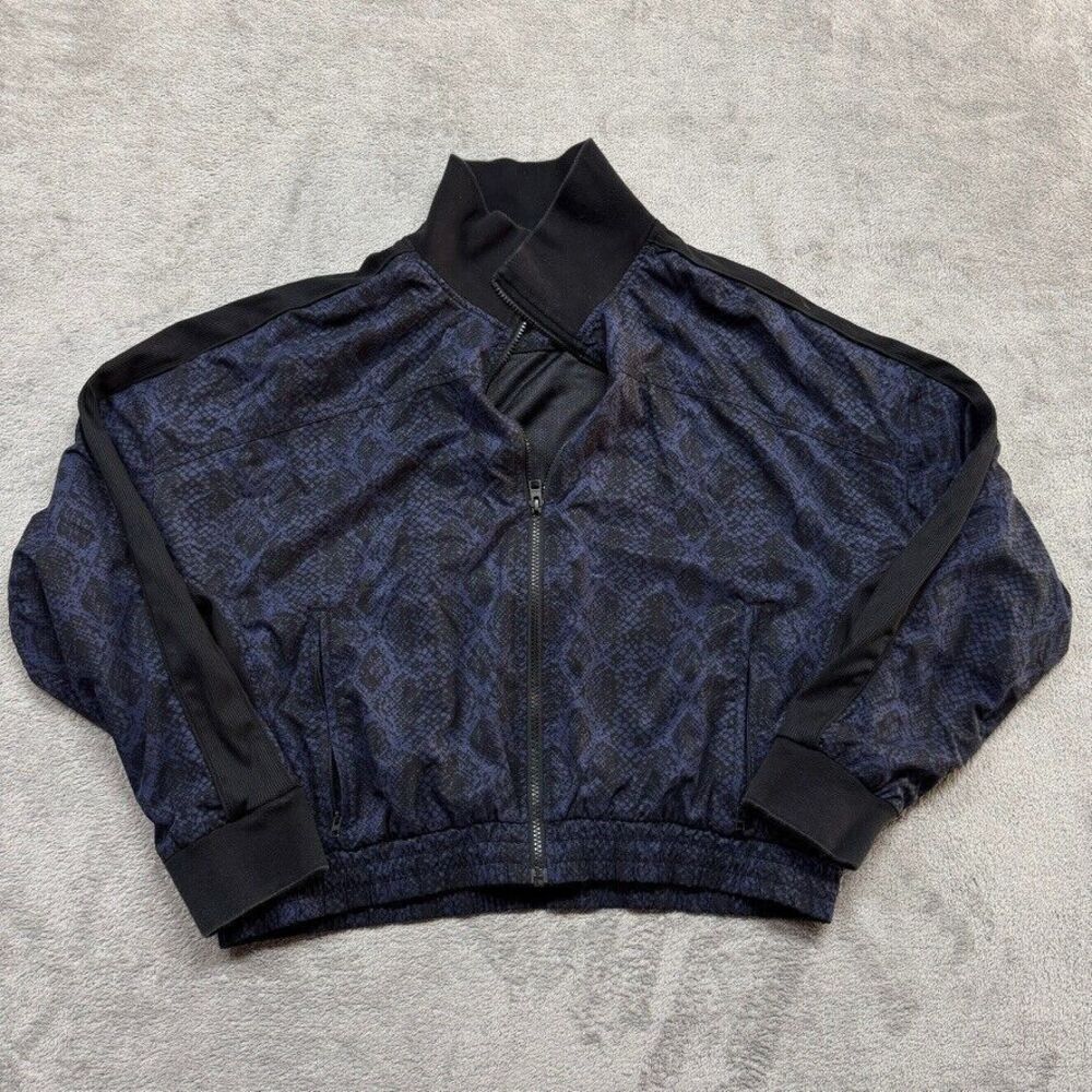 Athleta Brooklyn Track Bomber Jacket Large Blue Zip Pockets Snake Print Gym Run